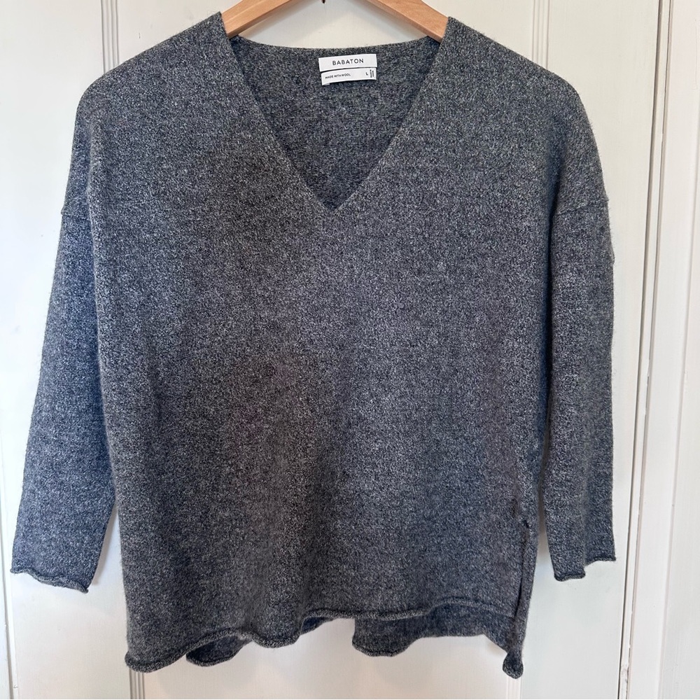 Babaton Charcoal Wool Blend Knit V-Neck Sweater, Side Slits, Classic, Versatile